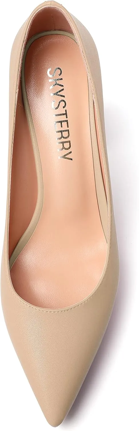 SKYSTERRY Womens Fashion Platform Pointed Toe Wedding Matte Slip On Block High Heel Pumps Shoes 4 Inch