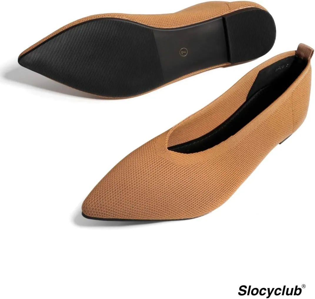 Slocyclub Flat Shoes for Women Classic Pointed Toe Slip On Ballet Shoes Knitted Texture Black Comfortable Dress Shoes