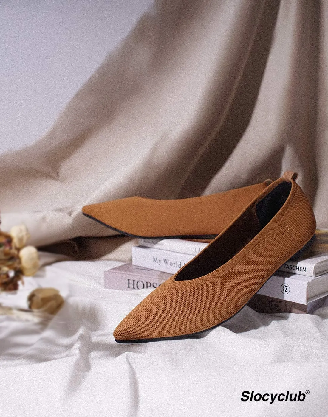 Slocyclub Flat Shoes for Women Classic Pointed Toe Slip On Ballet Shoes Knitted Texture Black Comfortable Dress Shoes