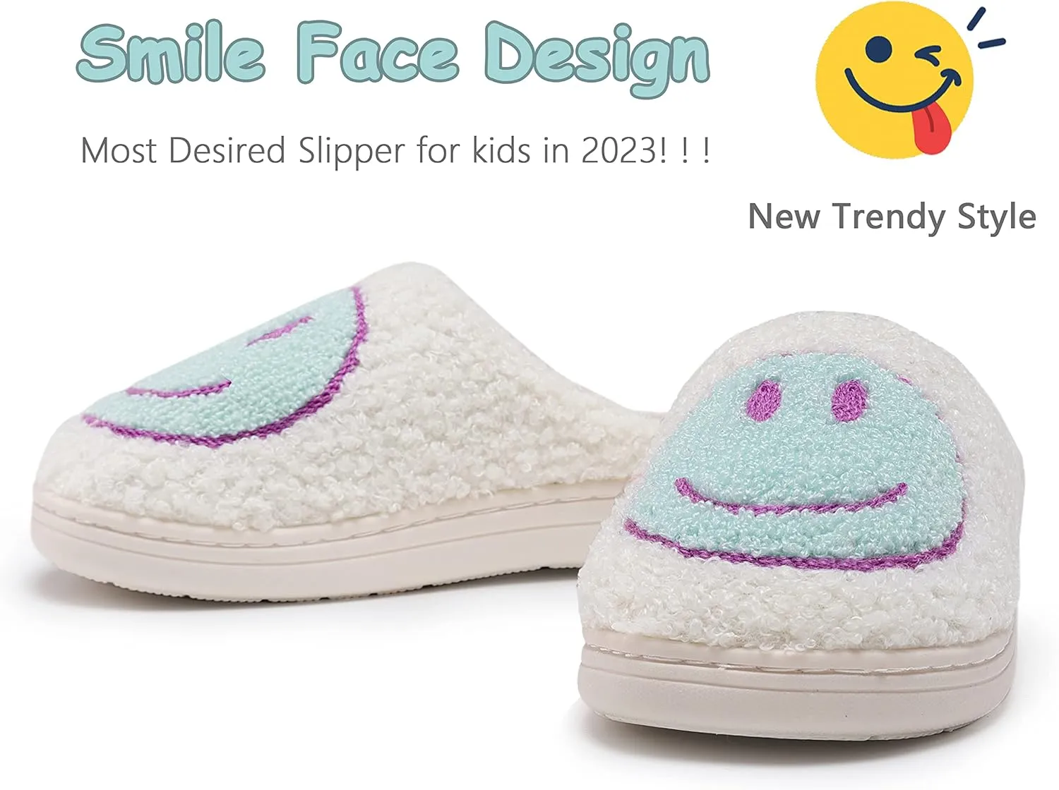 Smile Face Kids Happy Face Soft Plush Warm Slipper Anti-Slip Winter Fluffy House Shoes Soft Memory Foam Comfort Cotton Slippers Indoor and Outdoor