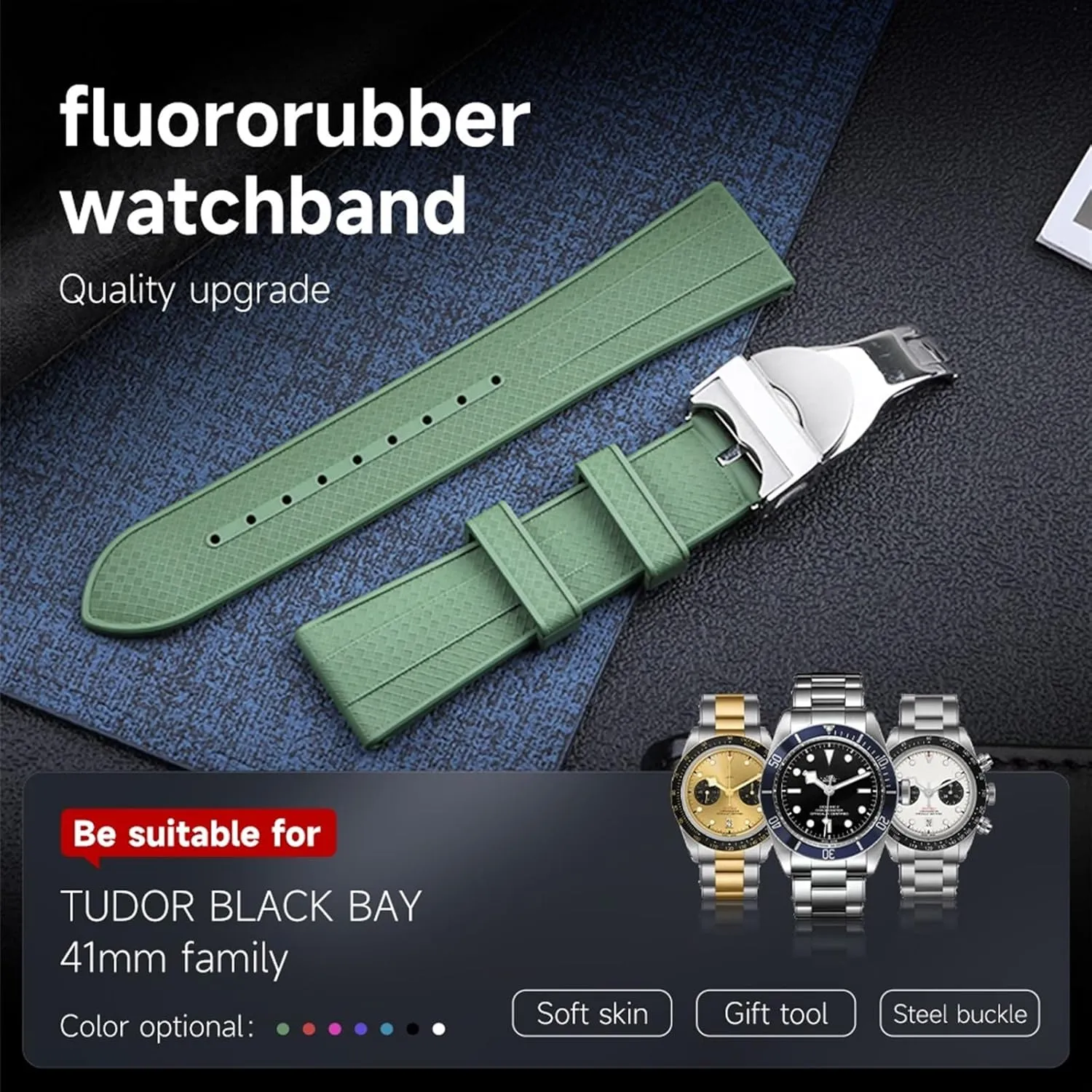 Soft Fluororubber Watch Band for Tudor Strap M79360.M79363 Stainless Fold Buckle Black Bay 1958 GMT 41mm Pelagos 22mm Flat End