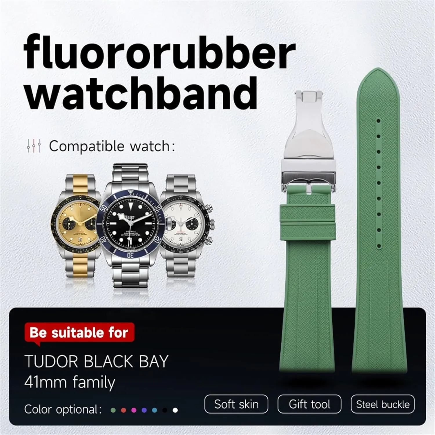 Soft Fluororubber Watch Band for Tudor Strap M79360.M79363 Stainless Fold Buckle Black Bay 1958 GMT 41mm Pelagos 22mm Flat End