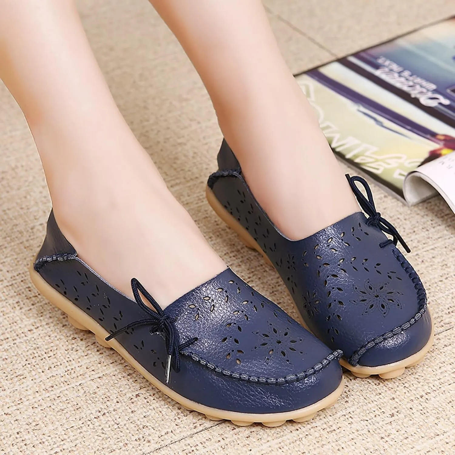 Solaud Women's Driving Moccasins Loafers Casual Round Toe Soft Comfortable Leather Loafers Breathable Slip On Walking Shoes