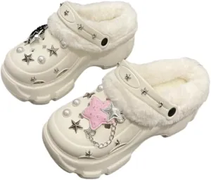 Solid Color Thermal Lined Clogs, Slip On Soft Sole Platform Non-Slip Fuzzy Shoes, Winter Plush Closed Toe Shoes