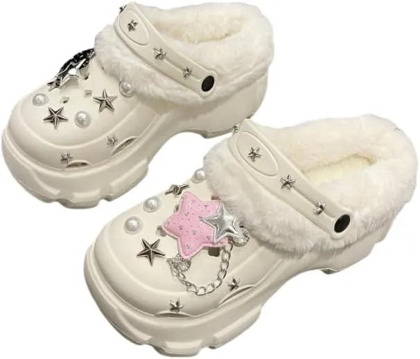 Solid Color Thermal Lined Clogs, Slip On Soft Sole Platform Non-Slip Fuzzy Shoes, Winter Plush Closed Toe Shoes
