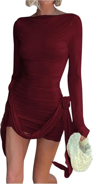 SOLY HUX Women's Sexy Long Sleeve Ruched Bodycon Mini Dress Boat Neck Cocktail Party Dresses