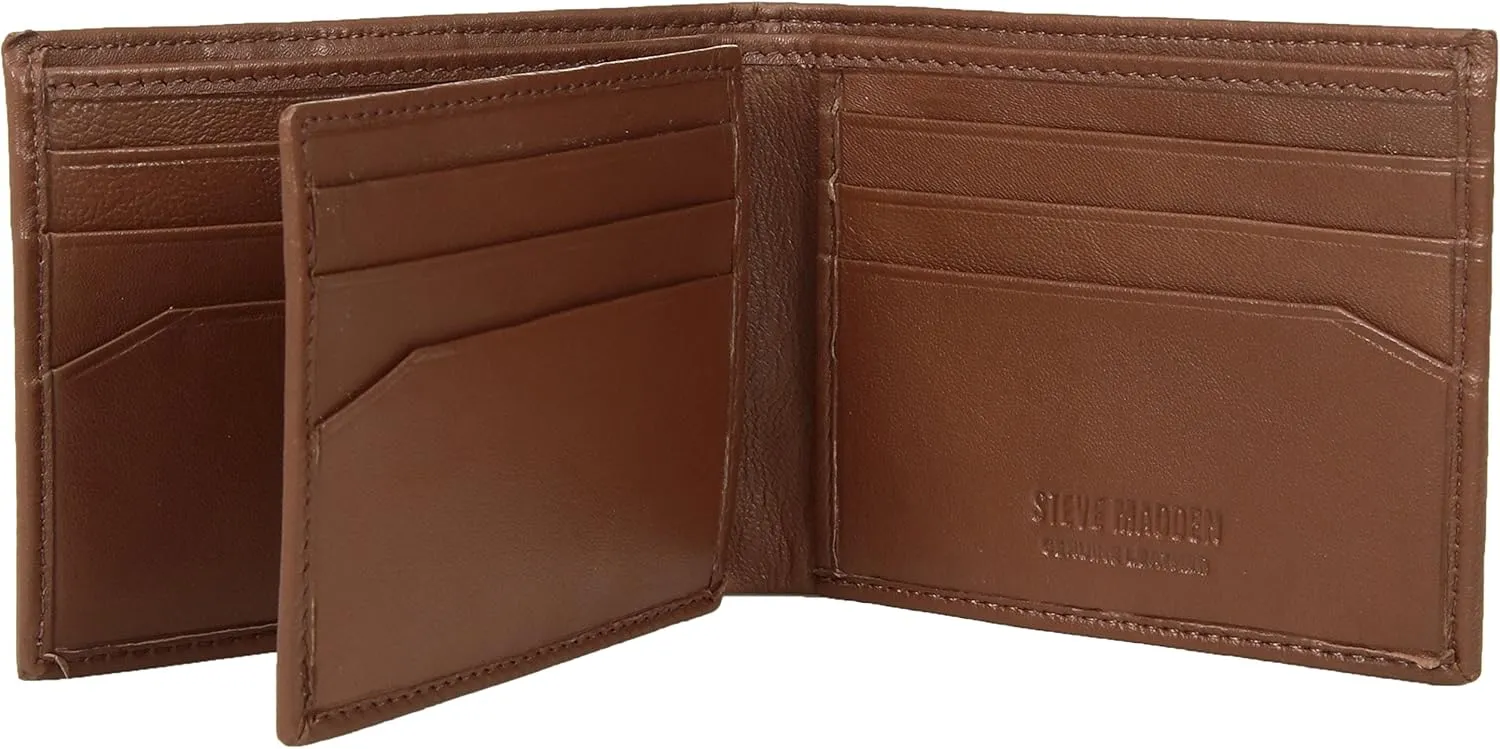 Steve Madden Men's Slim Leather Wallet with Extra Capacity Attached Flip Pockets