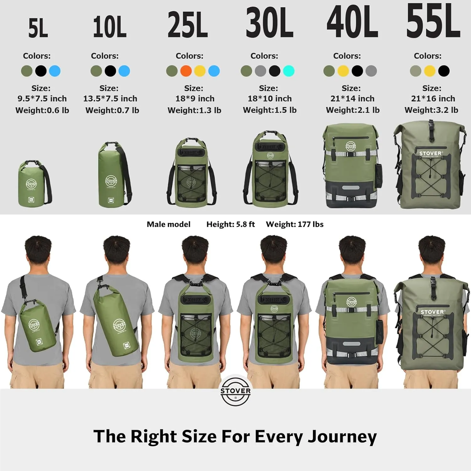 STOVER 5/10/25/30/40/55L Waterproof Dry Bag, Small Lightweight Roll Top Dry Bag Backpack w/Waterproof Phone Case, Kayaking, Travel, Hiking, Fishing, Tubing, Camping, the Beach, Men/Women (Black)