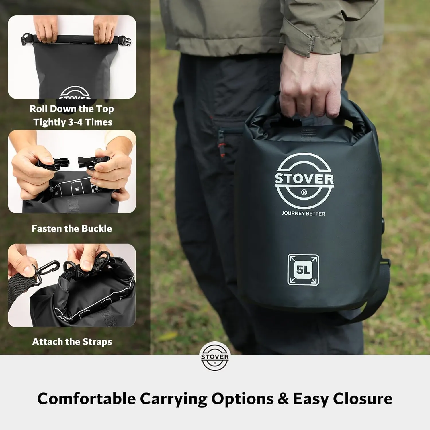 STOVER 5/10/25/30/40/55L Waterproof Dry Bag, Small Lightweight Roll Top Dry Bag Backpack w/Waterproof Phone Case, Kayaking, Travel, Hiking, Fishing, Tubing, Camping, the Beach, Men/Women (Black)