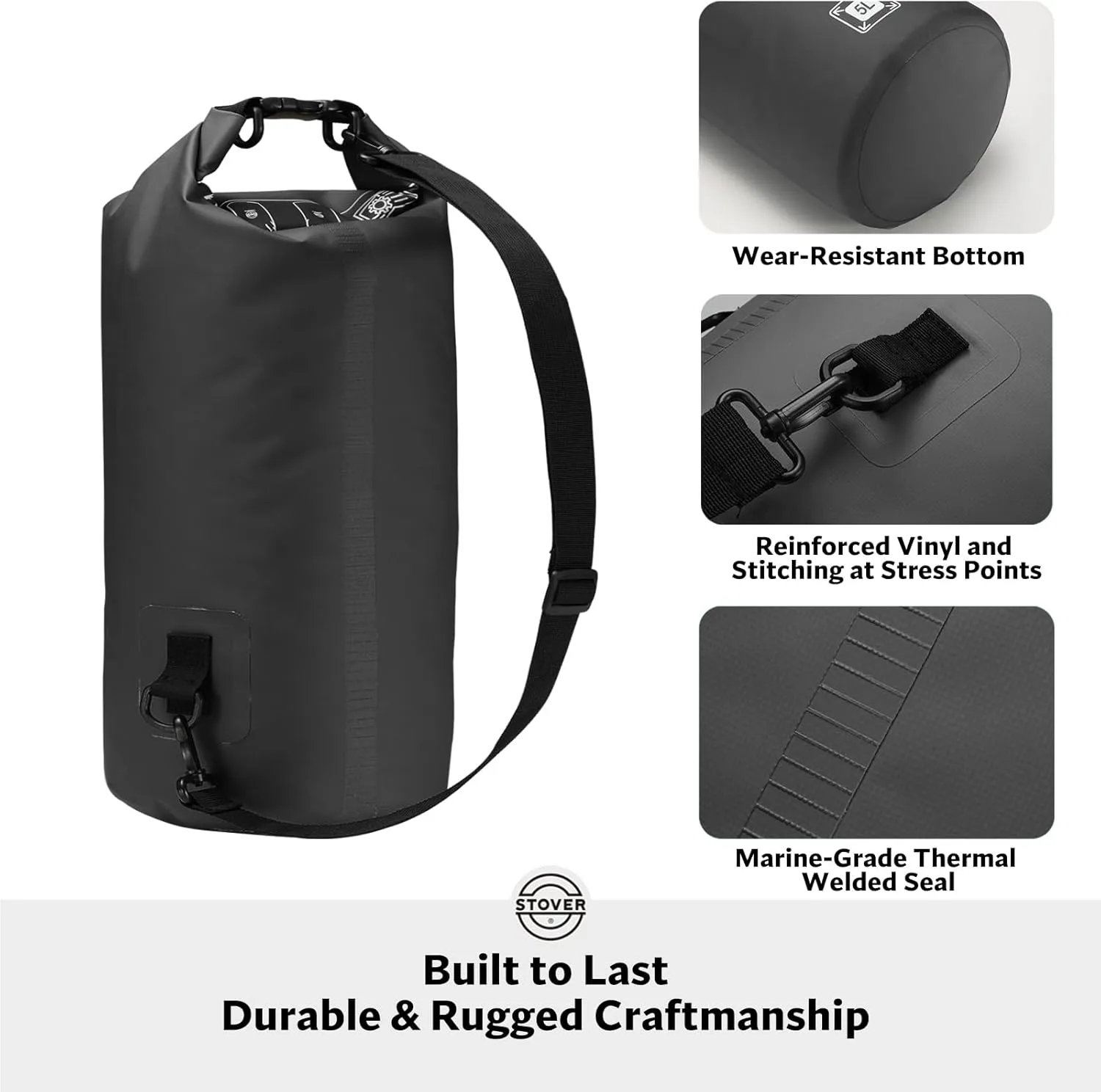 STOVER 5/10/25/30/40/55L Waterproof Dry Bag, Small Lightweight Roll Top Dry Bag Backpack w/Waterproof Phone Case, Kayaking, Travel, Hiking, Fishing, Tubing, Camping, the Beach, Men/Women (Black)