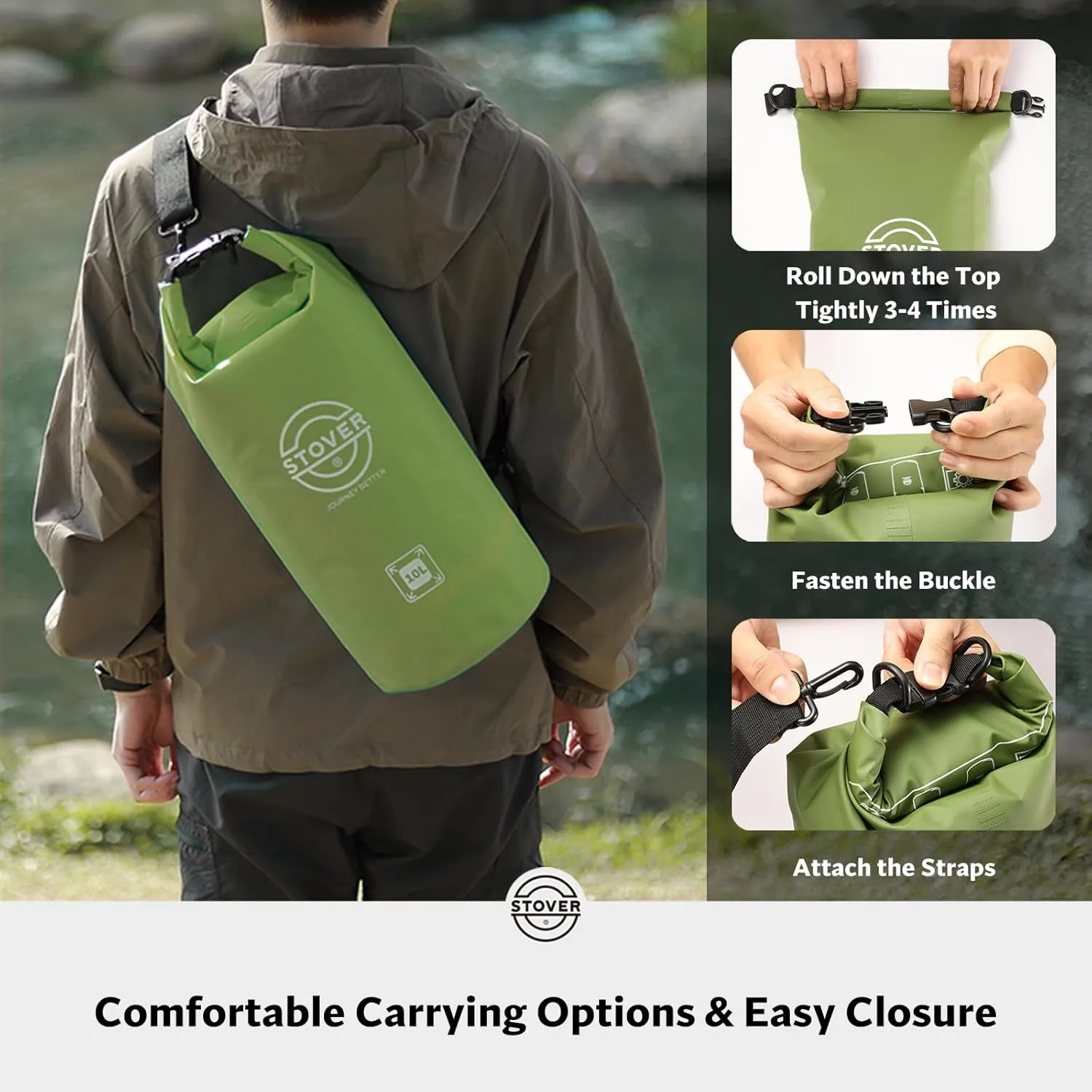 STOVER 5/10/25/30/40/55L Waterproof Dry Bag, Small Lightweight Roll Top Dry Bag Backpack w/Waterproof Phone Case, Kayaking, Travel, Hiking, Fishing, Tubing, Camping, the Beach, Men/Women (Green)