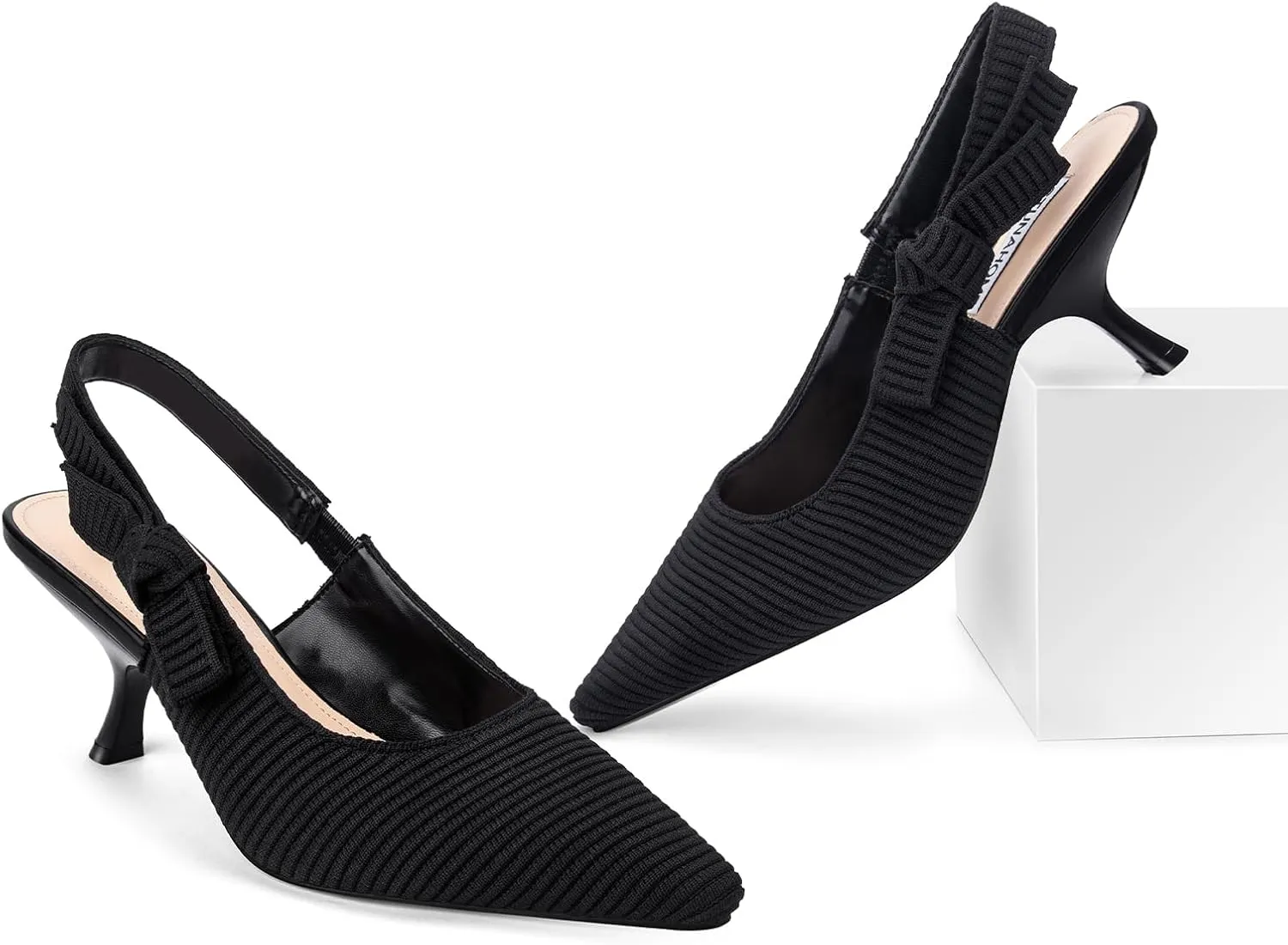 STUNAHOME Womens Slingback Kitten Heels Closed Pointed Toe Bowknot Knitted Slip On Work Pumps Dress Shoes, Gold