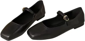Stunner Mary Jane Square Toe Black Ballet Flats for Women - Comfortable Ankle Strap Casual Slip On Flats