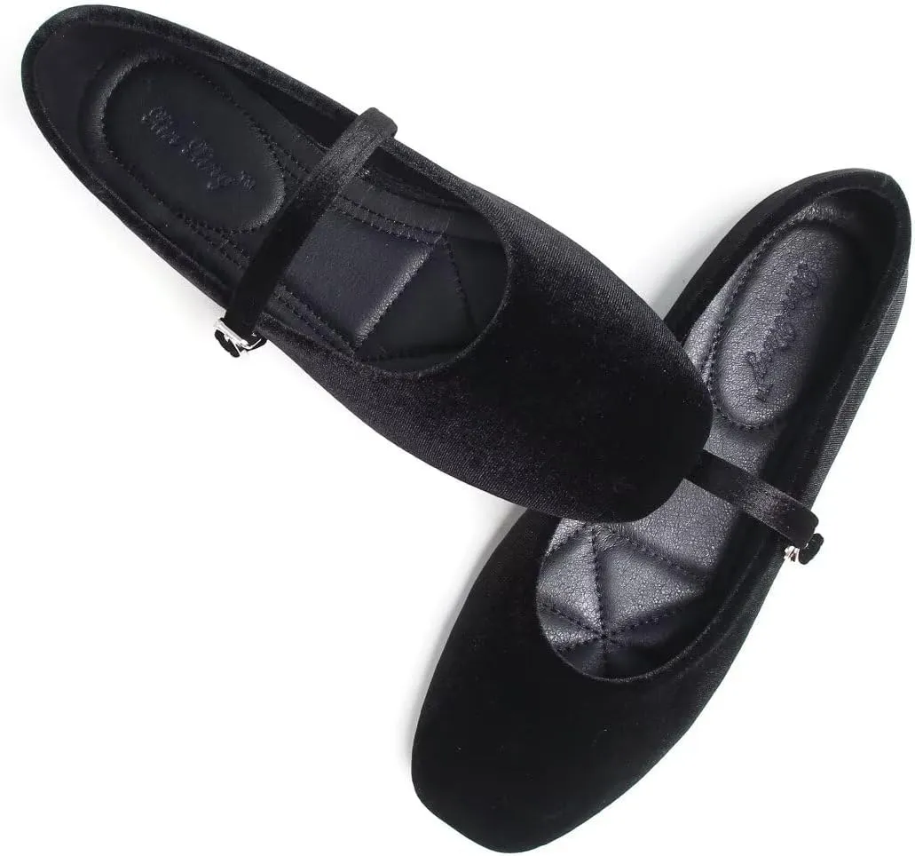 Stunner Mary Jane Square Toe Black Ballet Flats for Women - Comfortable Ankle Strap Casual Slip On Flats