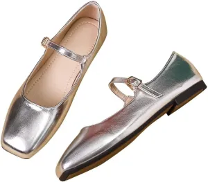 Stunner Mary Jane Square Toe Black Ballet Flats for Women - Comfortable Ankle Strap Casual Slip On Flats