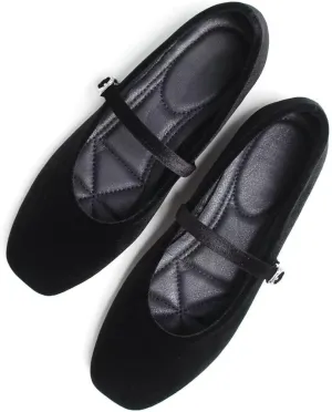 Stunner Mary Jane Square Toe Black Ballet Flats for Women - Comfortable Ankle Strap Casual Slip On Flats