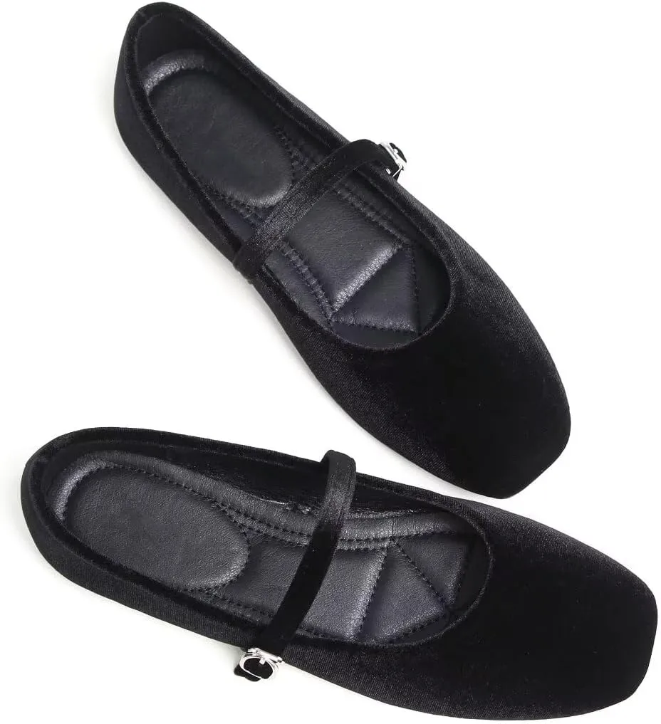 Stunner Mary Jane Square Toe Black Ballet Flats for Women - Comfortable Ankle Strap Casual Slip On Flats