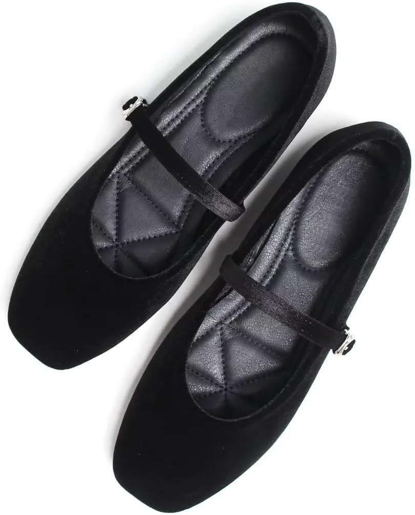Stunner Mary Jane Square Toe Black Ballet Flats for Women - Comfortable Ankle Strap Casual Slip On Flats