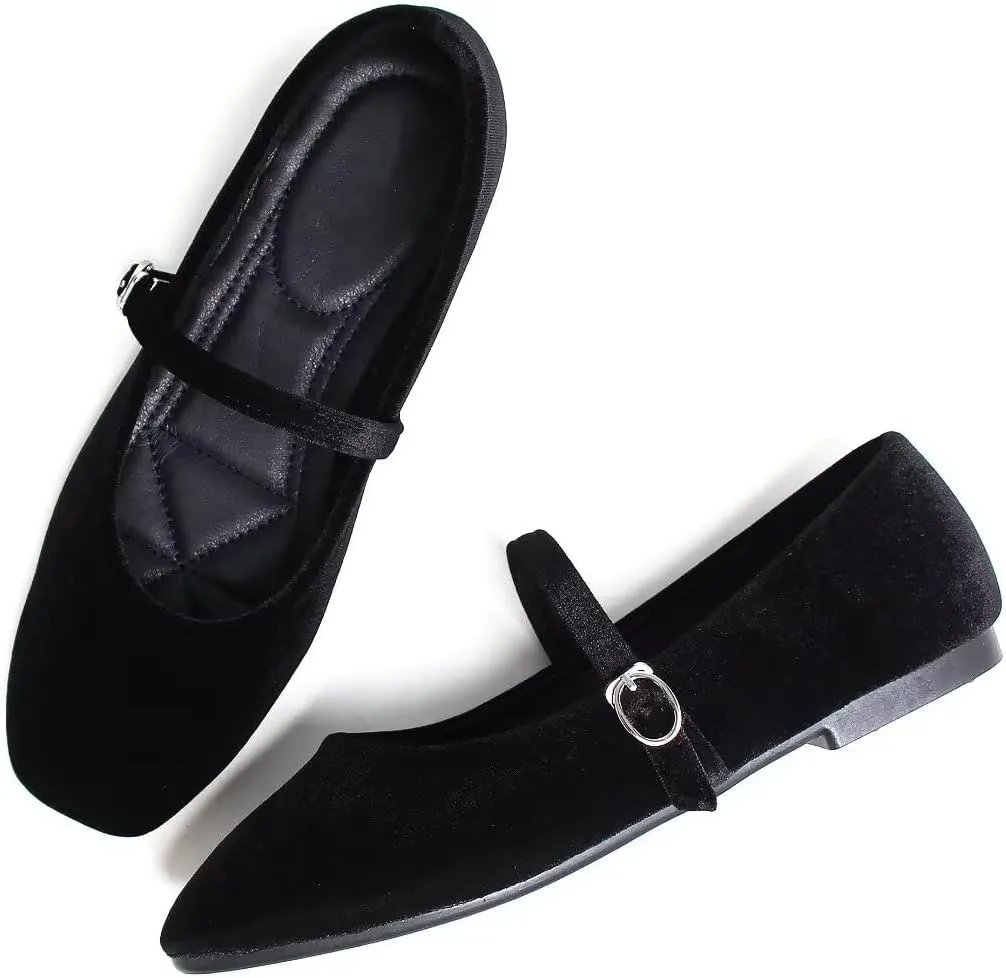 Stunner Mary Jane Square Toe Black Ballet Flats for Women - Comfortable Ankle Strap Casual Slip On Flats