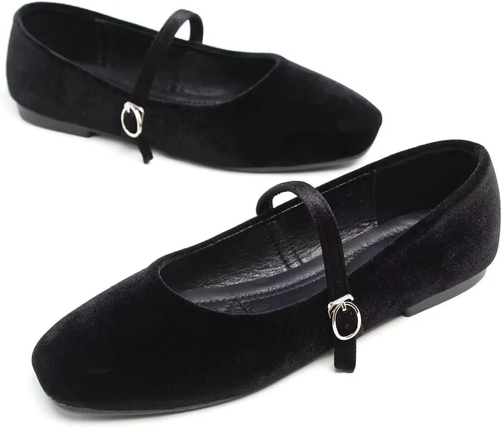 Stunner Mary Jane Square Toe Black Ballet Flats for Women - Comfortable Ankle Strap Casual Slip On Flats