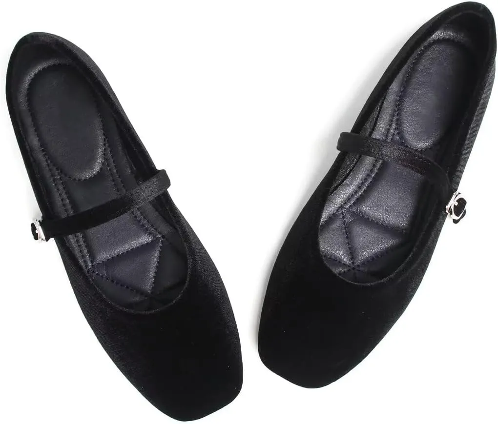 Stunner Mary Jane Square Toe Black Ballet Flats for Women - Comfortable Ankle Strap Casual Slip On Flats