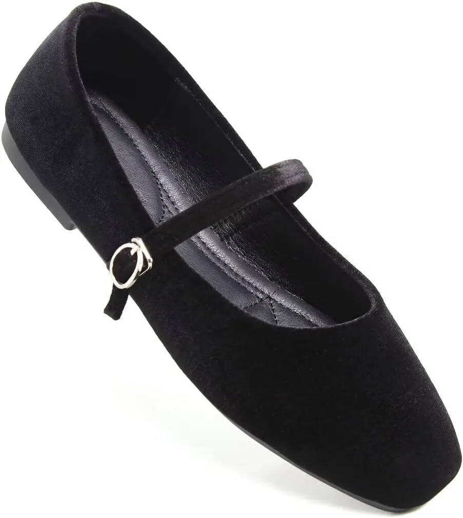 Stunner Mary Jane Square Toe Black Ballet Flats for Women - Comfortable Ankle Strap Casual Slip On Flats