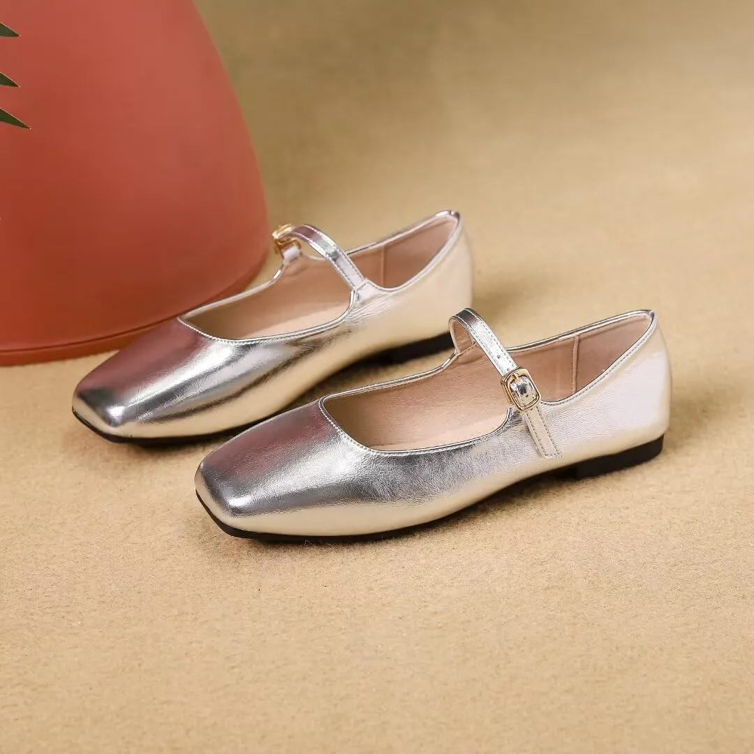 Stunner Mary Jane Square Toe Black Ballet Flats for Women - Comfortable Ankle Strap Casual Slip On Flats