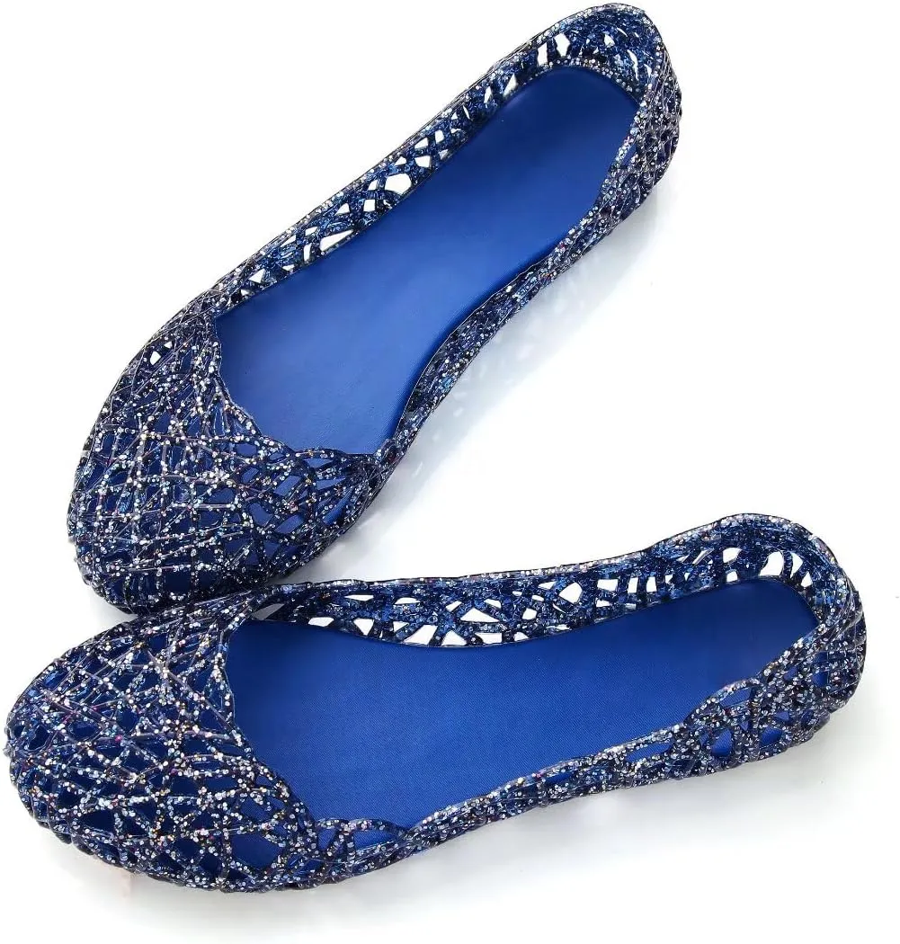 Stunner Women's Beach Jelly Shoes Slip On Crystal Summer Soft Hollow Ballet Flats