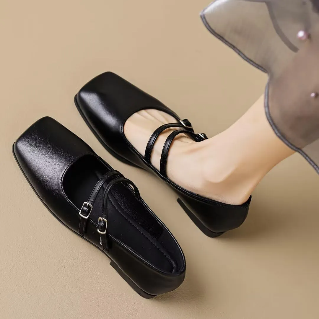 Stunner Womens Mary Jane Flats Round Toe Ballet Flats Stylish Leather Flats One Line Strap Slip On Flat Shoes