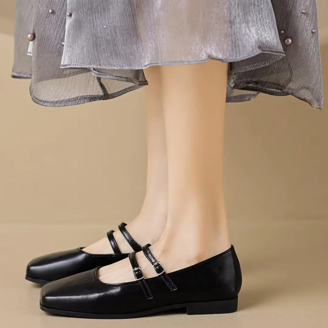 Stunner Womens Mary Jane Flats Round Toe Ballet Flats Stylish Leather Flats One Line Strap Slip On Flat Shoes