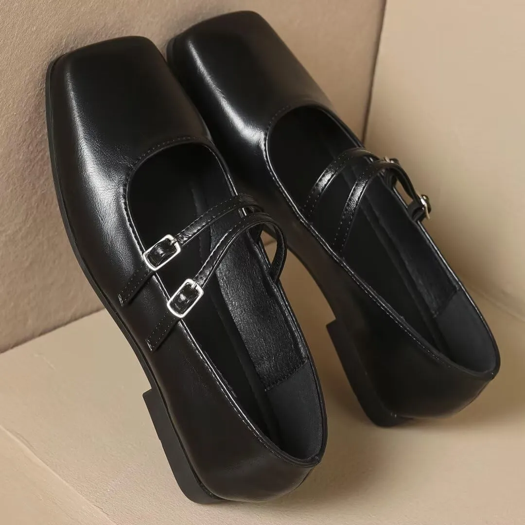 Stunner Womens Mary Jane Flats Round Toe Ballet Flats Stylish Leather Flats One Line Strap Slip On Flat Shoes