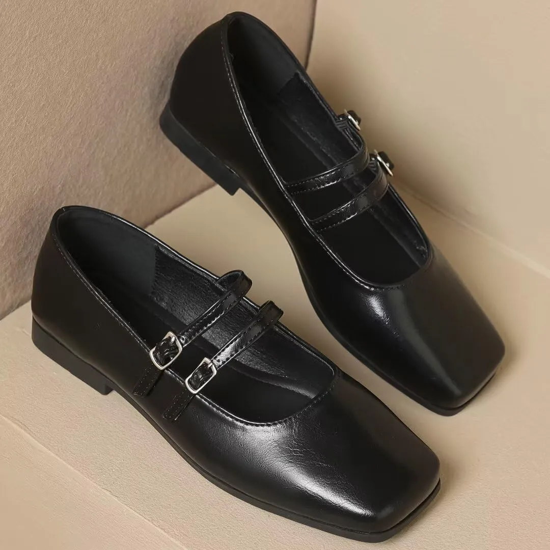 Stunner Womens Mary Jane Flats Round Toe Ballet Flats Stylish Leather Flats One Line Strap Slip On Flat Shoes