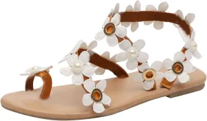 Summer Clip Toe Flat Sandals for Women,Open Toes Slip On Flowers Pearls Backless Sandal Ladies Comfy Non-Slip Cushion Footbed Casual Shoes Beach Cute Shoe for Travel Vacation Outdoor Indoor