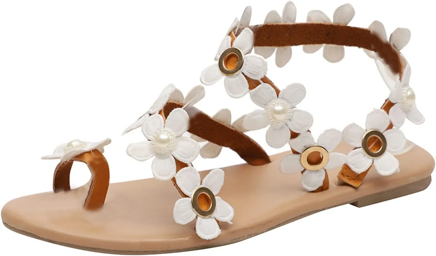Summer Clip Toe Flat Sandals for Women,Open Toes Slip On Flowers Pearls Backless Sandal Ladies Comfy Non-Slip Cushion Footbed Casual Shoes Beach Cute Shoe for Travel Vacation Outdoor Indoor