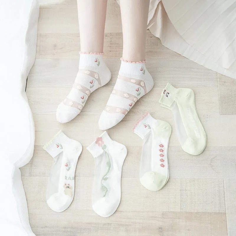 Summer Sparkle Sheer Boat Socks - Lightweight and Sweet, Non-slip Transparent Design