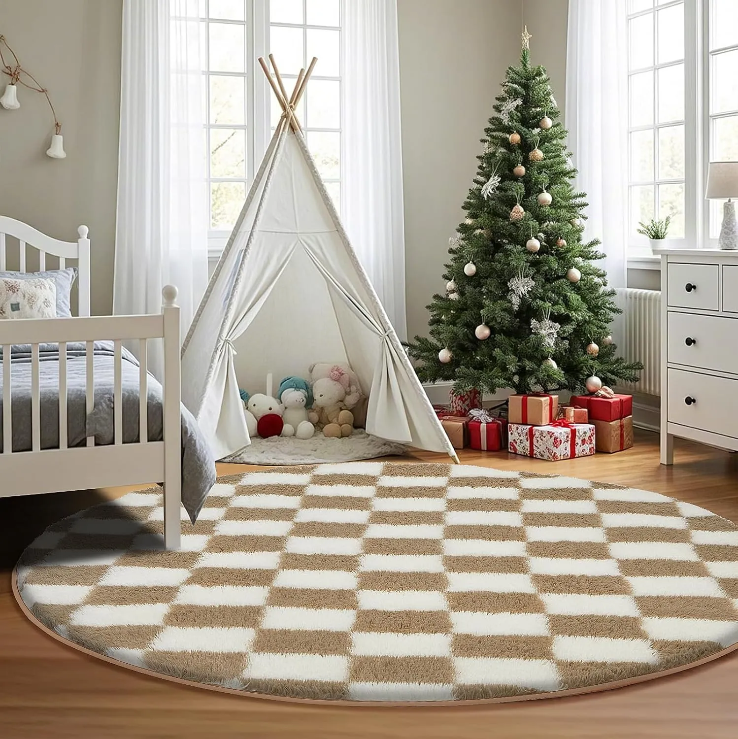 Super Soft Rug, Round Rug for Bedroom, 5X5 Ft Beige and White Checkered Round Rug Non-Slip High Pile Cute Soft Fluffy Rug for Living Room Bedroom Kids Room