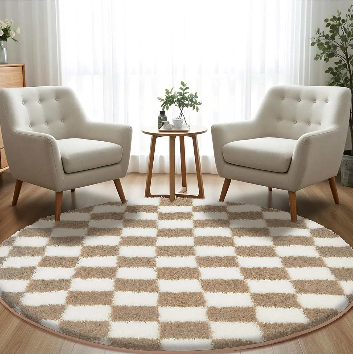 Super Soft Rug, Round Rug for Bedroom, 5X5 Ft Beige and White Checkered Round Rug Non-Slip High Pile Cute Soft Fluffy Rug for Living Room Bedroom Kids Room
