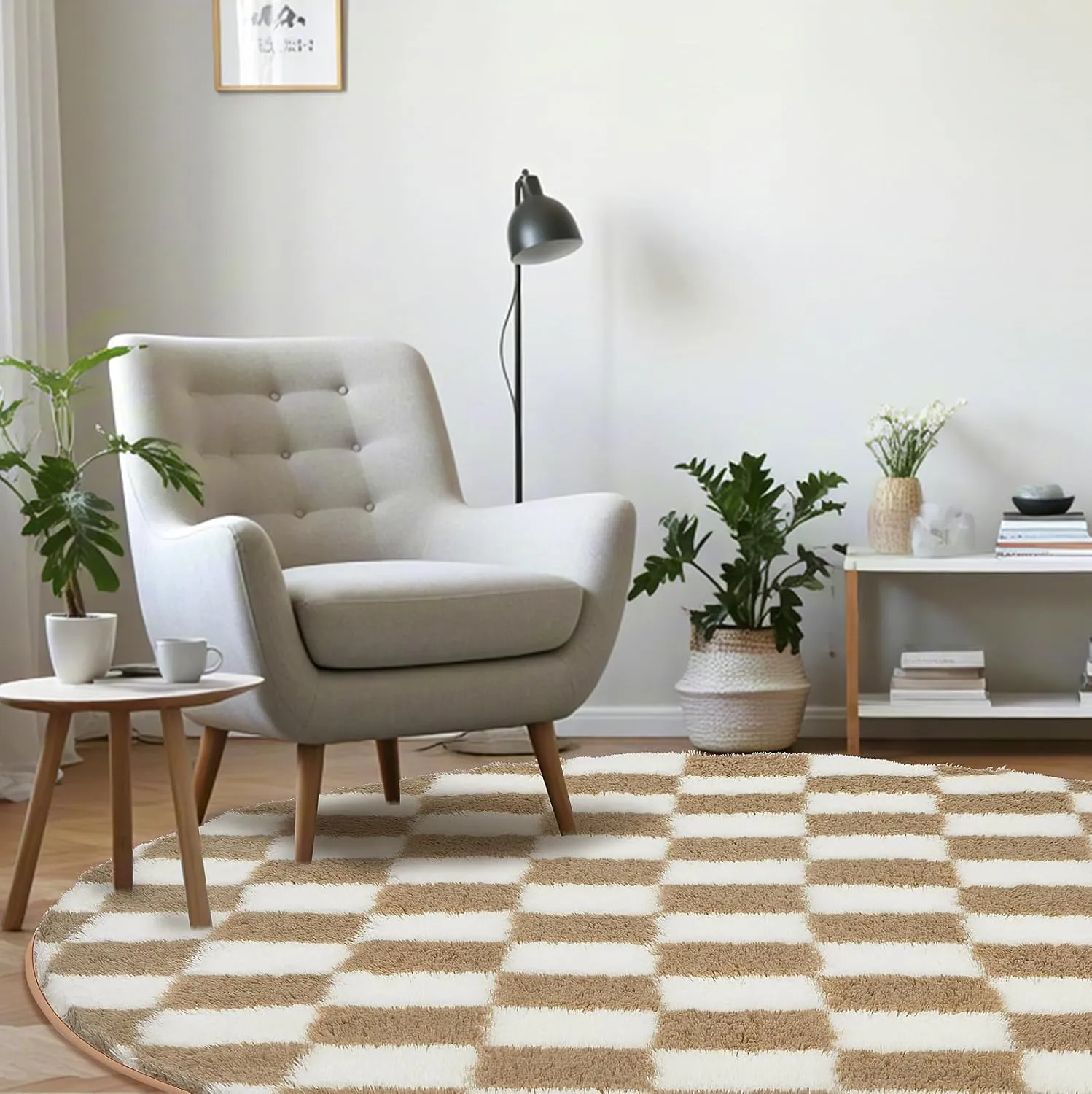 Super Soft Rug, Round Rug for Bedroom, 5X5 Ft Beige and White Checkered Round Rug Non-Slip High Pile Cute Soft Fluffy Rug for Living Room Bedroom Kids Room