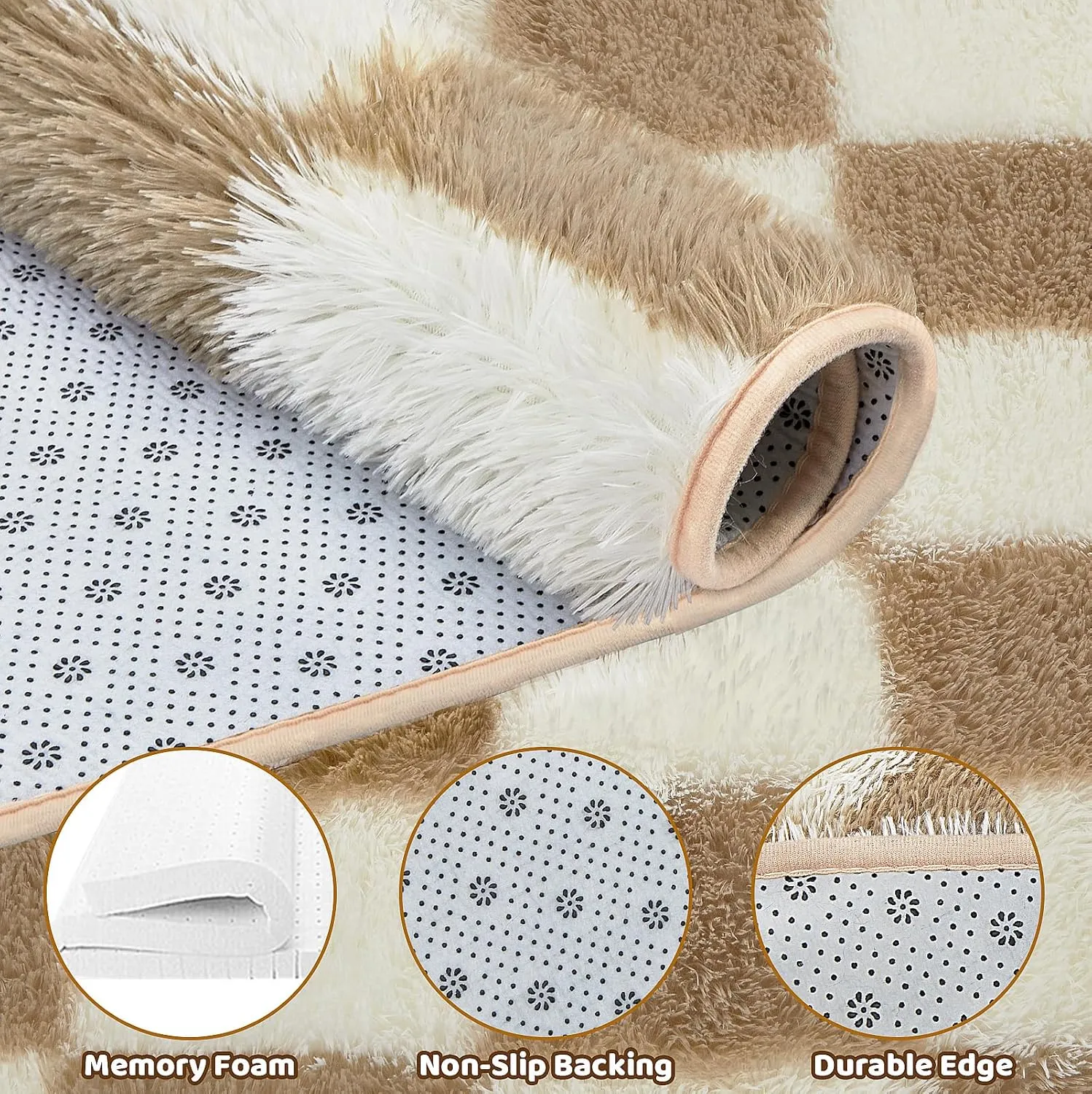 Super Soft Rug, Round Rug for Bedroom, 5X5 Ft Beige and White Checkered Round Rug Non-Slip High Pile Cute Soft Fluffy Rug for Living Room Bedroom Kids Room
