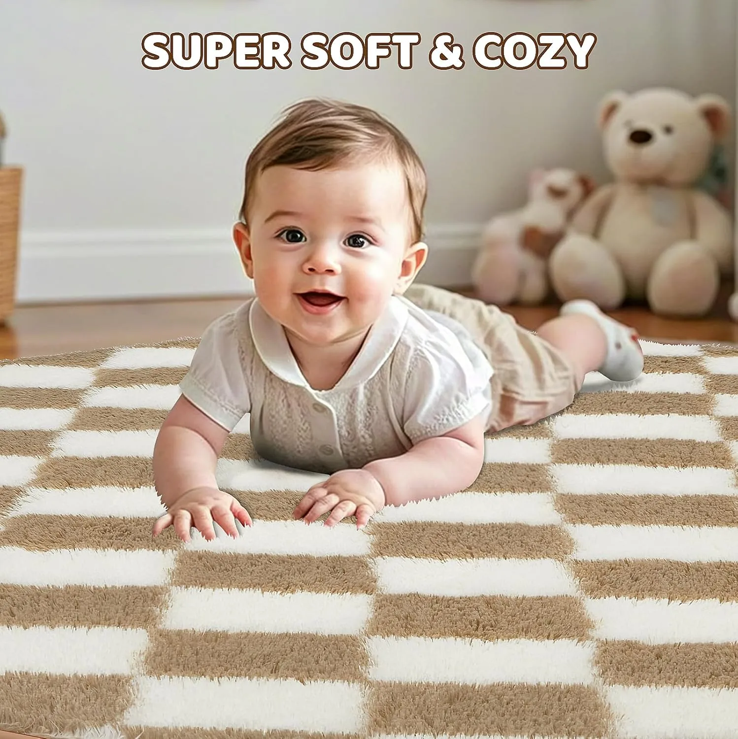 Super Soft Rug, Round Rug for Bedroom, 5X5 Ft Beige and White Checkered Round Rug Non-Slip High Pile Cute Soft Fluffy Rug for Living Room Bedroom Kids Room