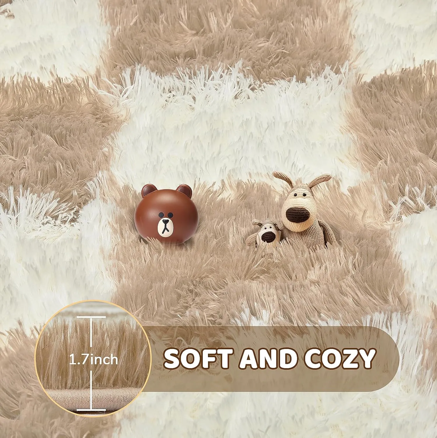Super Soft Rug, Round Rug for Bedroom, 5X5 Ft Beige and White Checkered Round Rug Non-Slip High Pile Cute Soft Fluffy Rug for Living Room Bedroom Kids Room