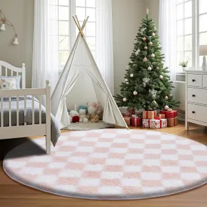 Super Soft Rug, Round Rug for Bedroom, 5X5 Ft Pink and White Checkered Round Rug Non-Slip High Pile Cute Soft Fluffy Rug for Living Room Bedroom Kids Room
