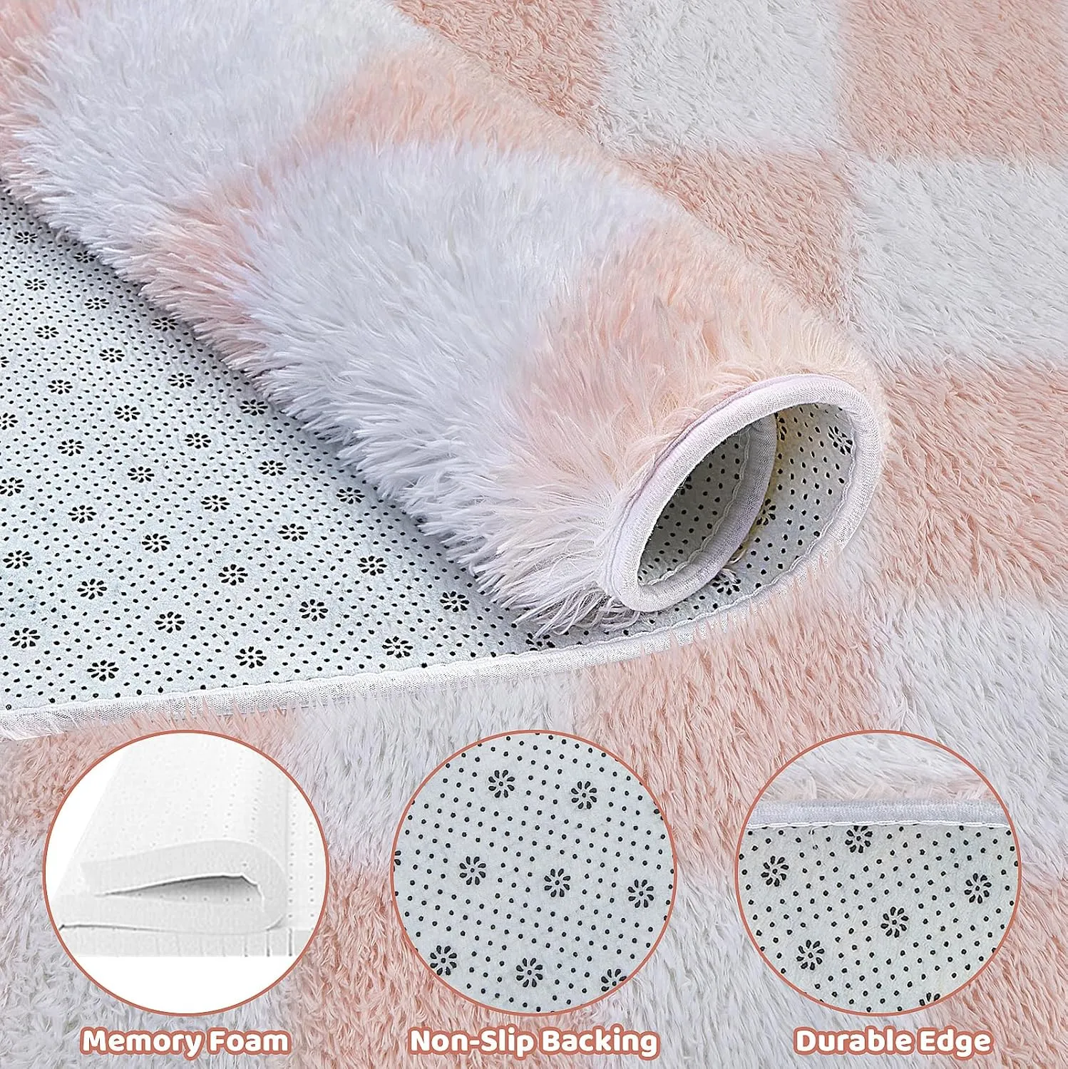 Super Soft Rug, Round Rug for Bedroom, 5X5 Ft Pink and White Checkered Round Rug Non-Slip High Pile Cute Soft Fluffy Rug for Living Room Bedroom Kids Room