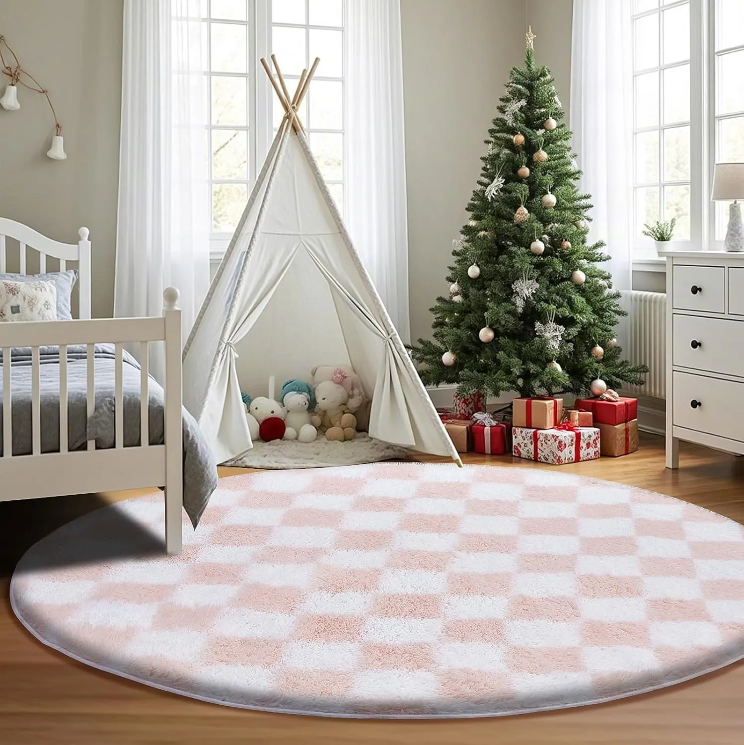 Super Soft Rug, Round Rug for Bedroom, 5X5 Ft Pink and White Checkered Round Rug Non-Slip High Pile Cute Soft Fluffy Rug for Living Room Bedroom Kids Room