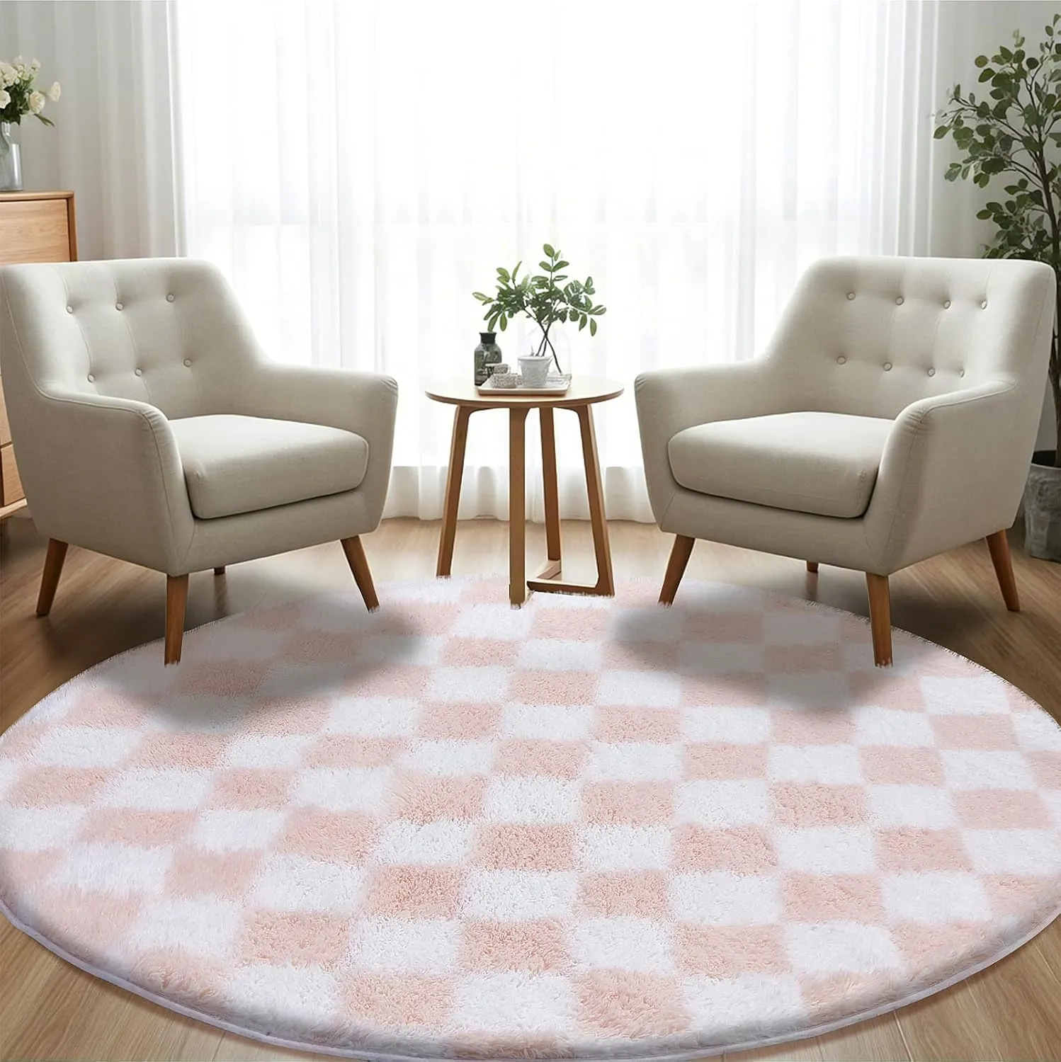 Super Soft Rug, Round Rug for Bedroom, 5X5 Ft Pink and White Checkered Round Rug Non-Slip High Pile Cute Soft Fluffy Rug for Living Room Bedroom Kids Room