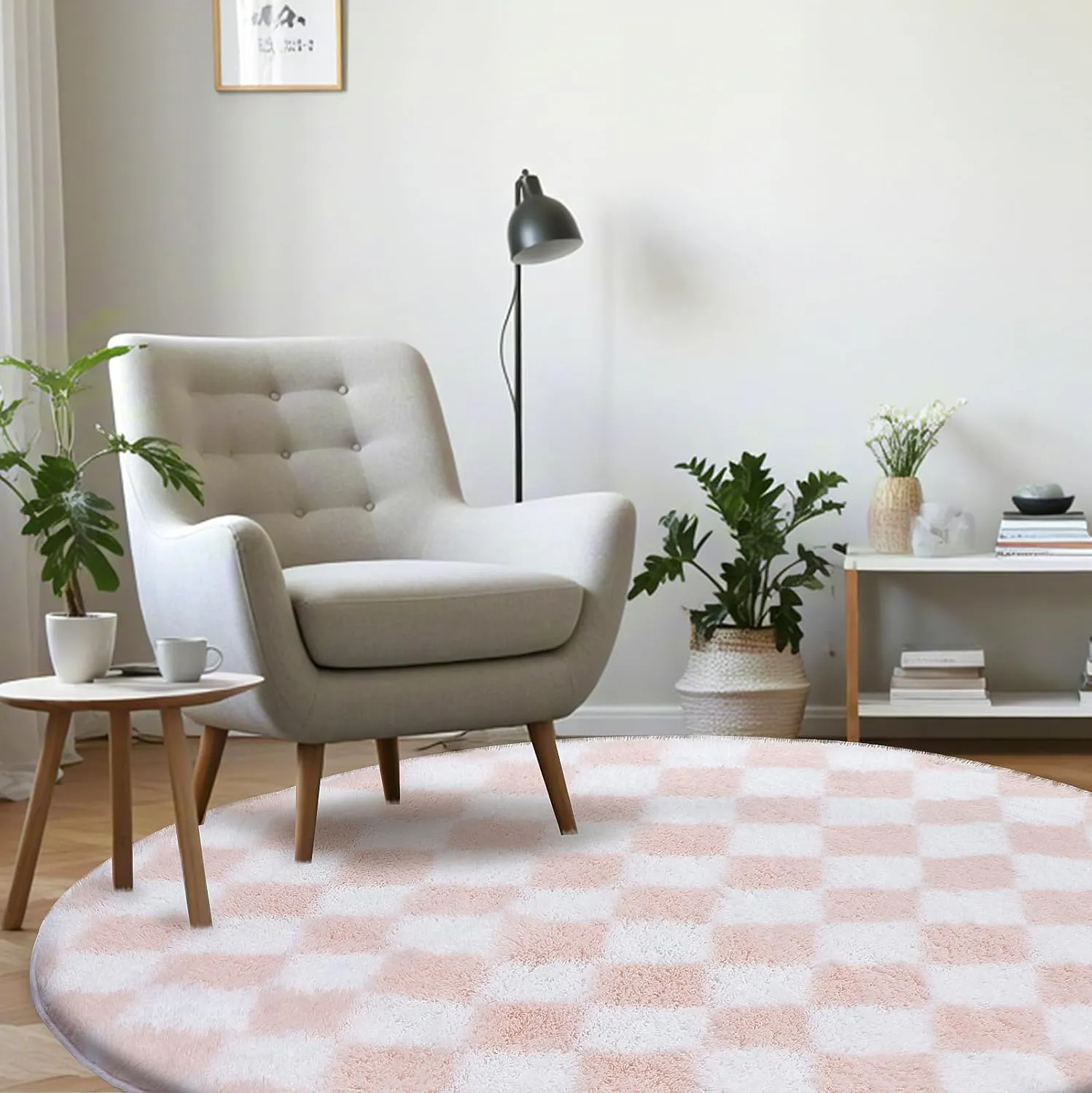 Super Soft Rug, Round Rug for Bedroom, 5X5 Ft Pink and White Checkered Round Rug Non-Slip High Pile Cute Soft Fluffy Rug for Living Room Bedroom Kids Room