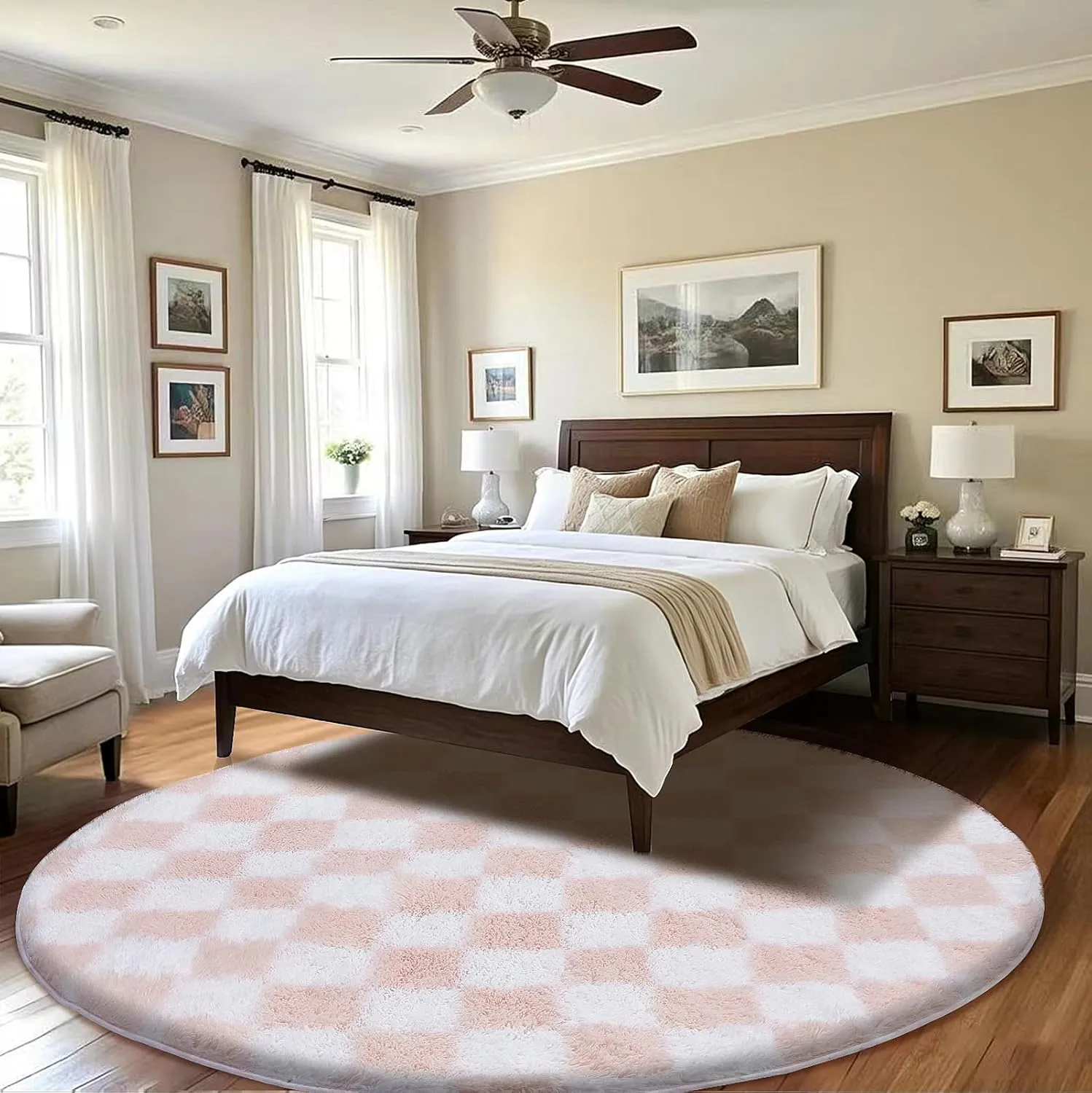 Super Soft Rug, Round Rug for Bedroom, 5X5 Ft Pink and White Checkered Round Rug Non-Slip High Pile Cute Soft Fluffy Rug for Living Room Bedroom Kids Room