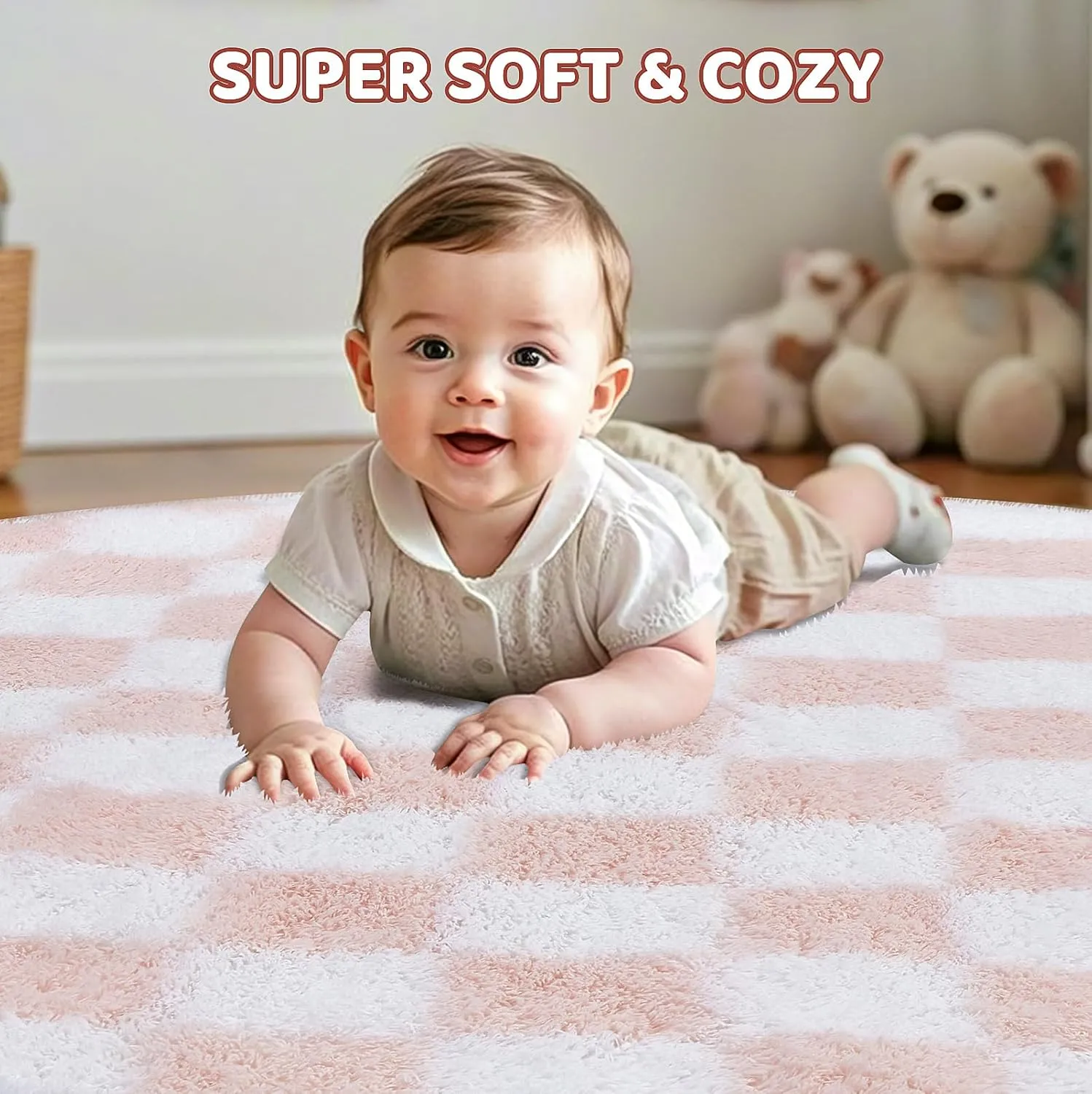 Super Soft Rug, Round Rug for Bedroom, 5X5 Ft Pink and White Checkered Round Rug Non-Slip High Pile Cute Soft Fluffy Rug for Living Room Bedroom Kids Room