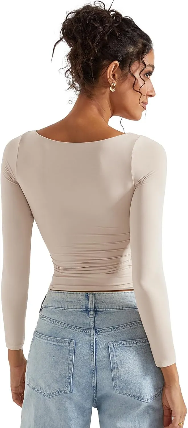 SUUKSESS Women Crew Neck Long Sleeve T Shirts Double Lined Tight Fitted Crop Top