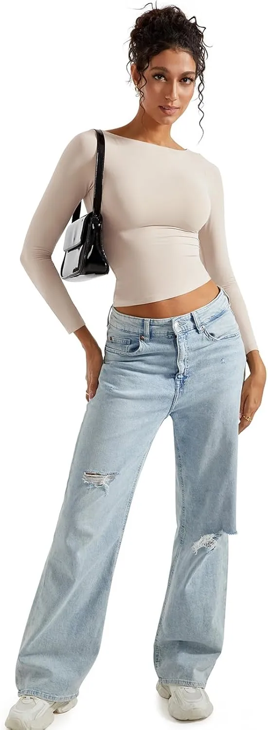 SUUKSESS Women Crew Neck Long Sleeve T Shirts Double Lined Tight Fitted Crop Top